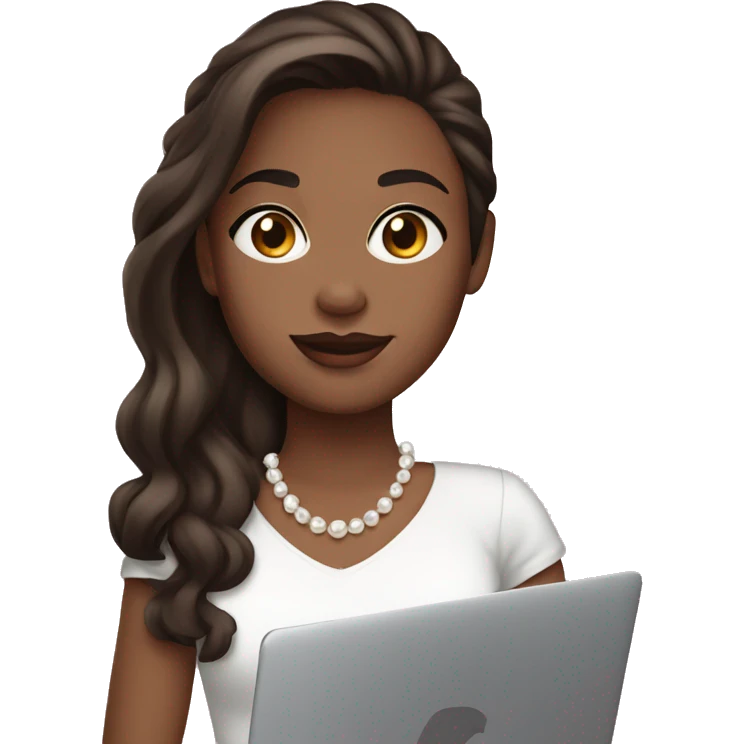 Girl with dark brown hair dark brown eyes and white skin wearing pearls and hold macbook emoji