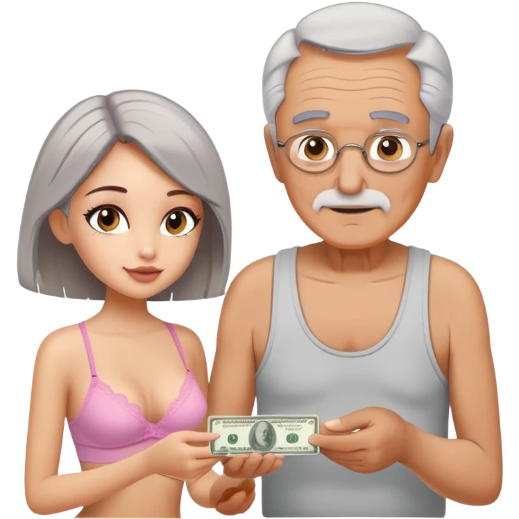Kind elderly grandfather with gray hair giving money to a, pretty, bralette, young bratz, woman who needs financial help,  emoji