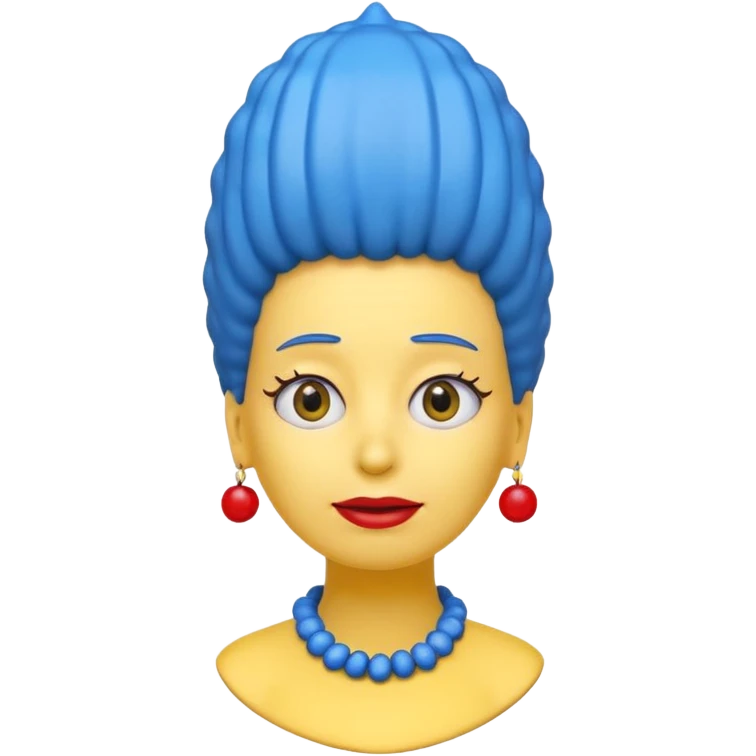 3D emoji head-only, smooth plastic, soft studio light, big round eyes, bold outline, centered, transparent bg,
Marge Simpson, yellow skin, tall cylindrical blue beehive hair, red bead necklace, overbite, no earrings, no eyelashes, no blonde hair emoji