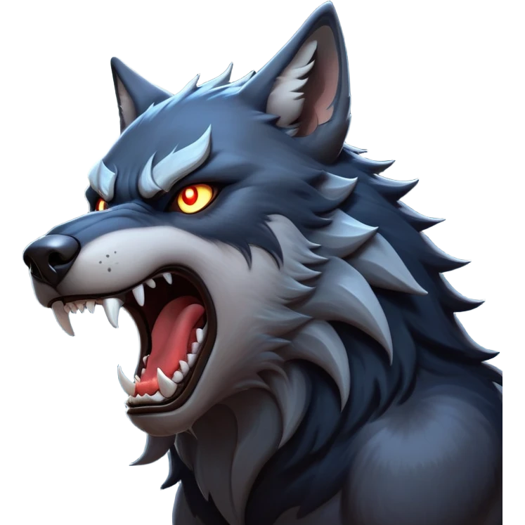 cinematic-noble-fierce-werewolf-howling-portrait-emoji, poised-and-imposing, with a fierce wolfish face tilted upwards in a haunting howl, glowing eyes full of primal ferocity, sharp, and a rugged snout, fur rippling in shades of midnight black and silver, muscles tensed as the powerful howl echoes beneath the moonlit sky; rendered with realism, capturing the raw, untamed power of the beast in its wild, primal state emoji
