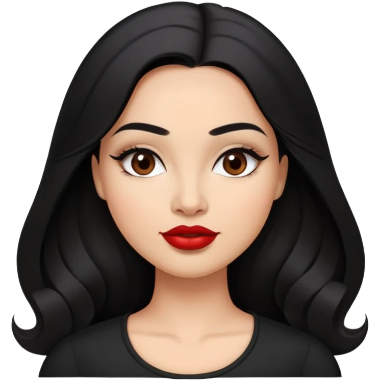 Confident curvier young woman with oval face, elegant features, medium brown skin, dark brown eyes, arched eyebrows, red lipstick, long black hair, fuller figure, wearing a black top emoji