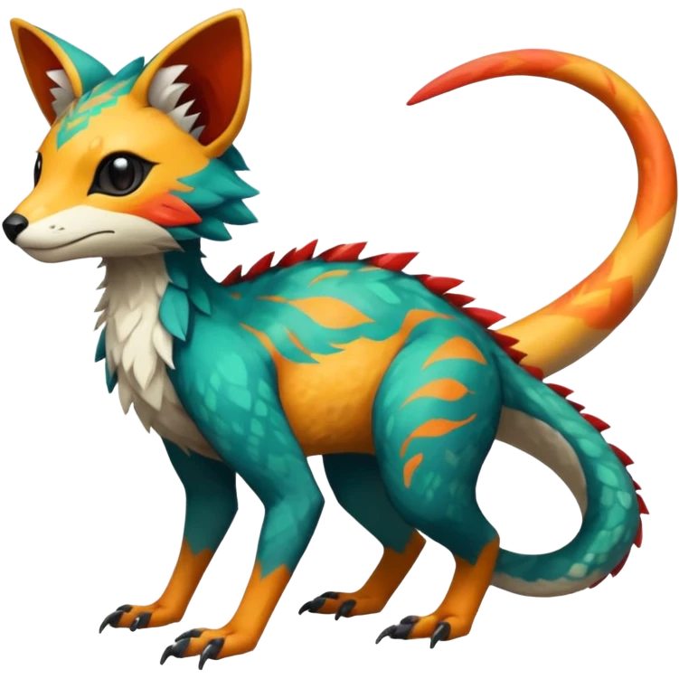 Rare realistic exotic edgy epic pretty beautiful handsome gorgeous aesthetic colorful vibrant Vernid-Trico-species-Fakemon-creature by LiLaiRa, 4 legs, 1 tail, random markings, (full body) emoji