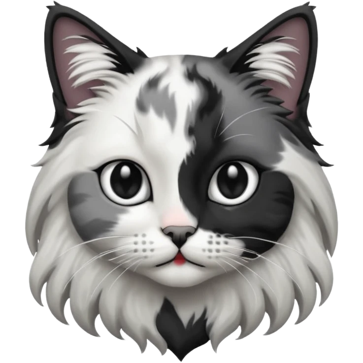 black and white long hair cat. black nose. black splotch near nose (on the right side). white chest. emoji