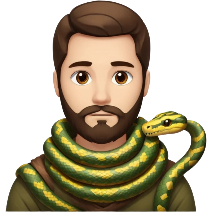 portrait man long brown hair brown eyes medium beard white skin with snake wrapped around neck calmly emoji