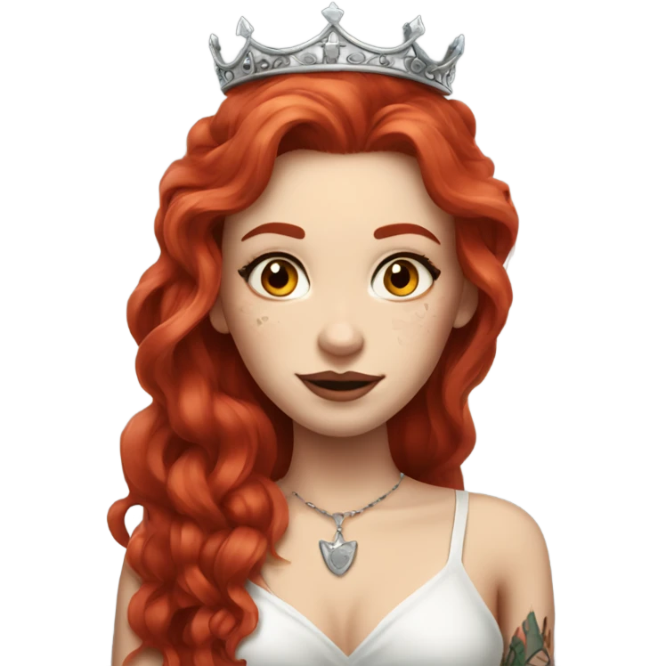 Beautiful girl with white skin, long red hair and tattoos and a crown emoji