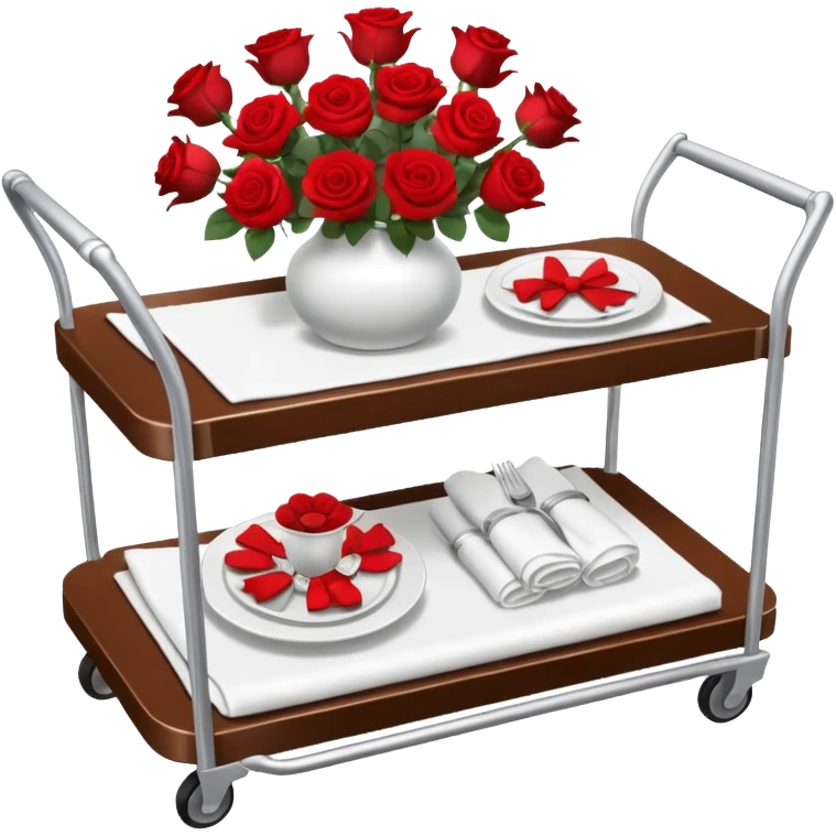 Room service trolley: A silver serving trolley with covered dishes, folded napkins, and a small flower vase. emoji