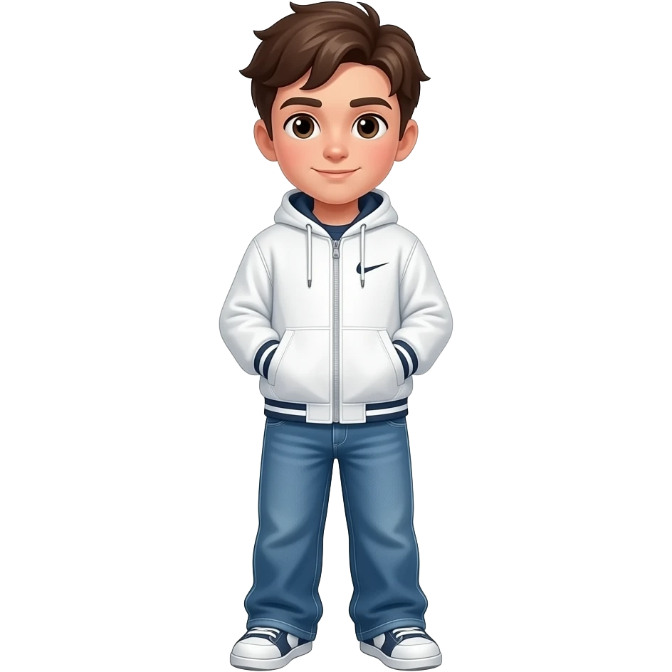 Un niño que tenga el pelo marron i  ojos marrones un pantalon tejano azul flojo ancho i una chaquet nike blanca que este cerrada emoji