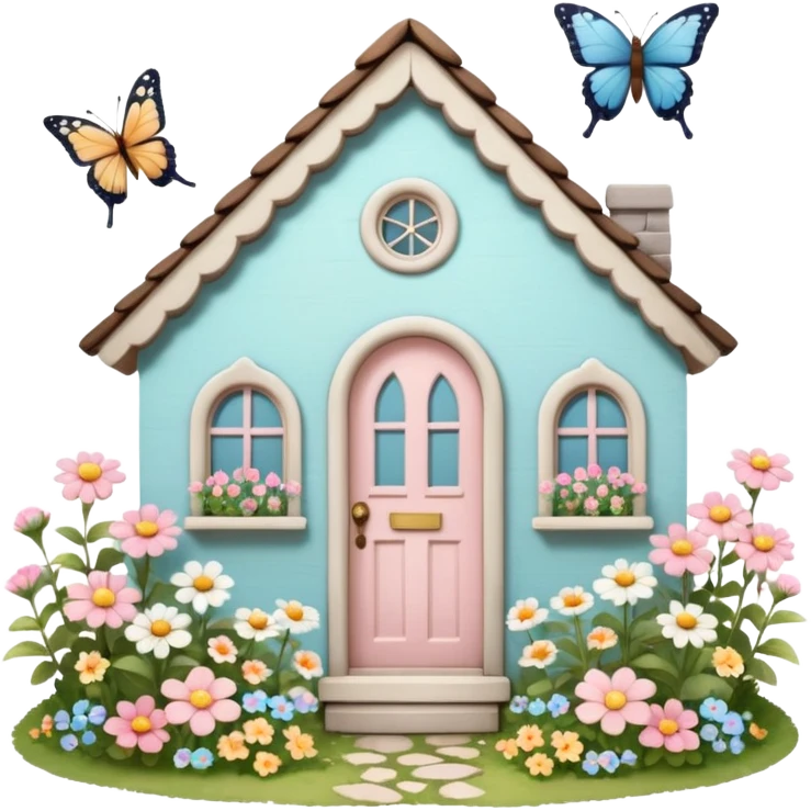 Cottagecore style, highly realistic, whimsical cute, vintage vibe, small cottage with a little garden in front with lots of pastel colored flowers, and butterlies flying around, with a vintage pale front door. Still life design. emoji