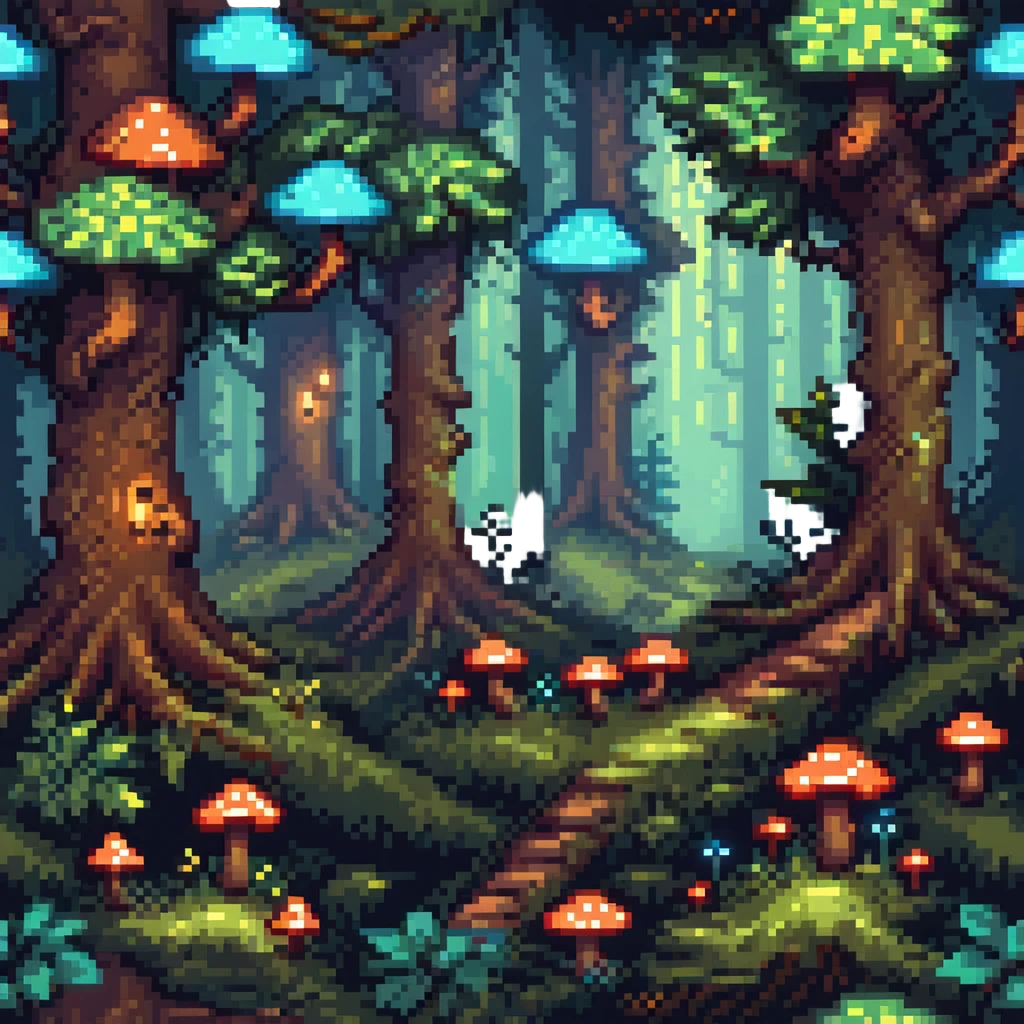 enchanted forest with tiny glowing mushrooms and mysterious trees emoji