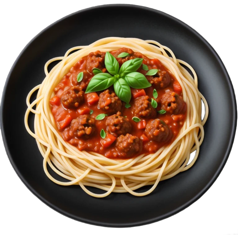 Spaghetti Bolognese on a black plate,nice basil on top emoji