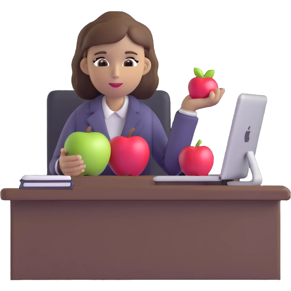 woman English teacher with brown hair, at a desk with an apple emoji