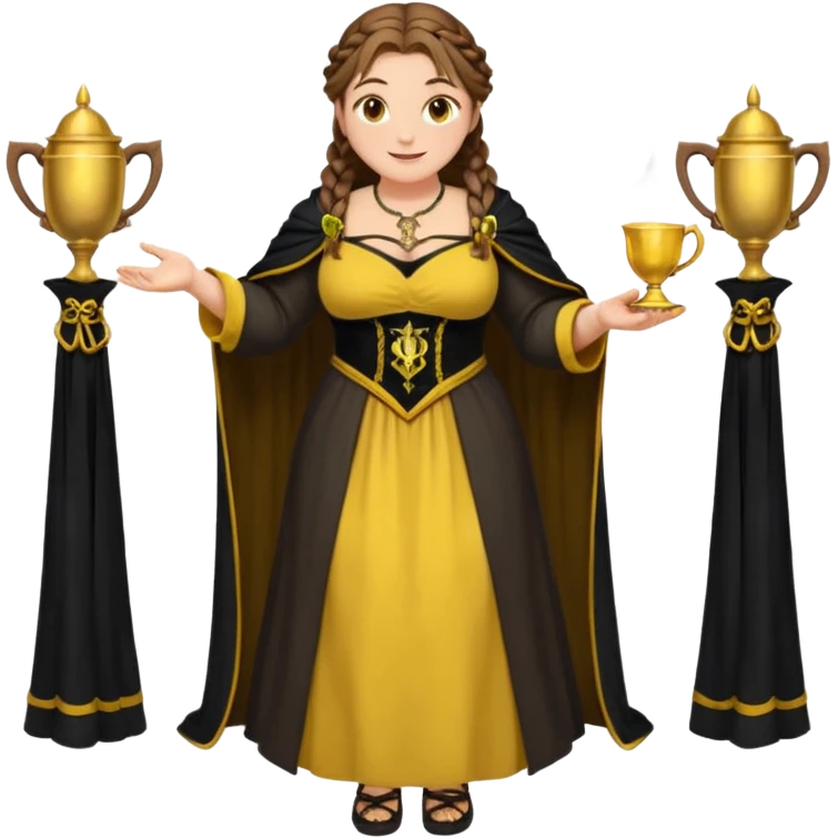 Helga Hufflepuff,brown-haired,2 braids,yellow-black medieval open dress,deep neckline,fat macromastia,black cloak decorated with gold braiding,gold cup with two handles,very kind smile,curvy busty sweet woman,round rosy cheeks,full length with medieval shoes emoji