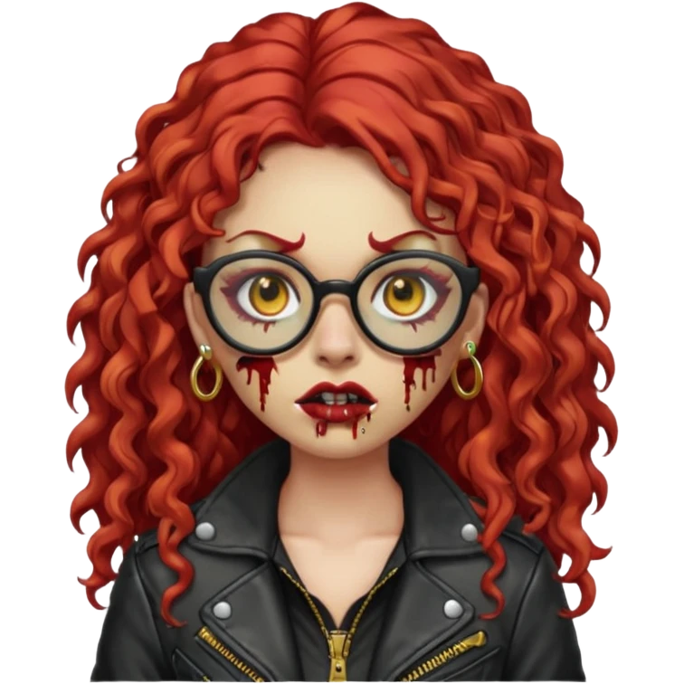 zombie girl emoji with long red curly hair, thick lashes, black glasses, gold nose piercings on each nostril, and a gold eyebrow piercing. emoji
