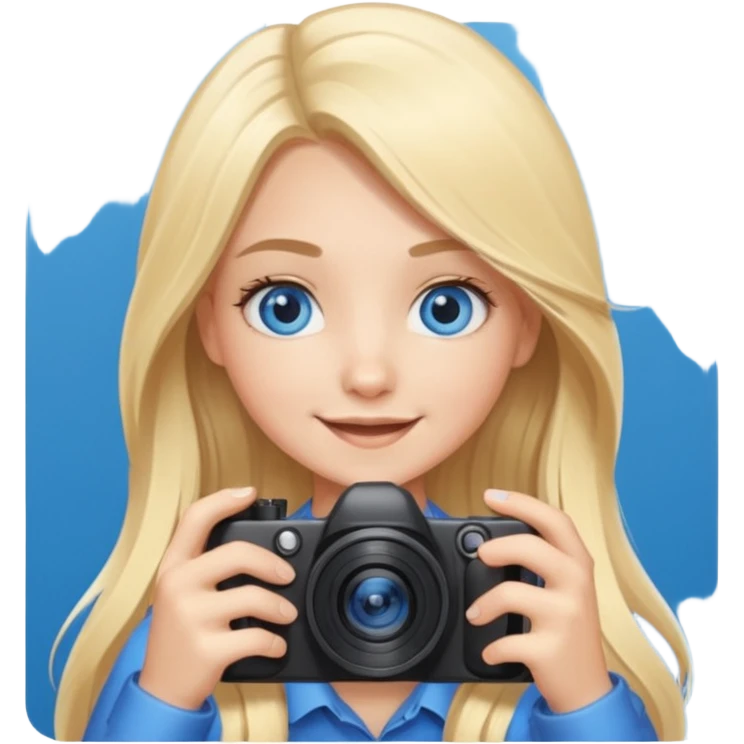  blue eyes blonde girl photographer cartoon taking picture in middle of taking picture camera in front of face long hair smiling funny flash professiona emoji