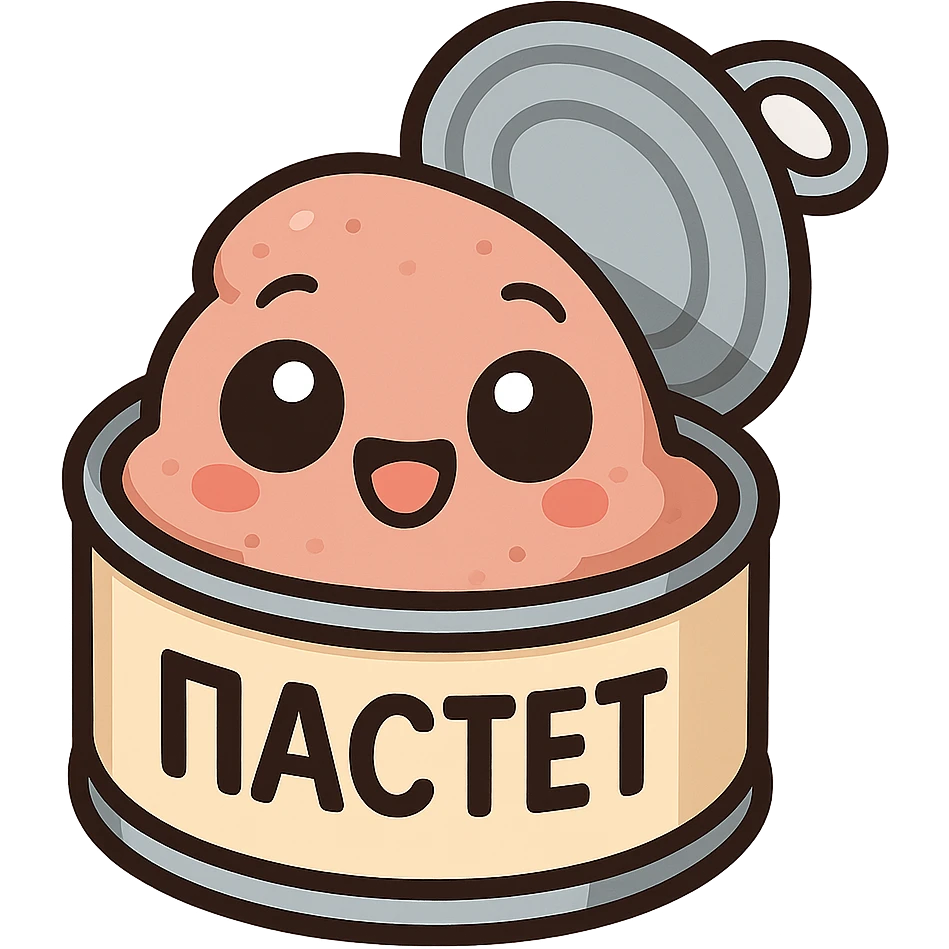 Minimal chibi open pâté can emote, visible pâté inside the can, big cute eyes, cheerful smile, thick black outline, flat colors, strong contrast, simple emoji sticker style, transparent background, Twitch emote optimized, Cyrillic text "ПАСТЕТ" clearly readable emoji