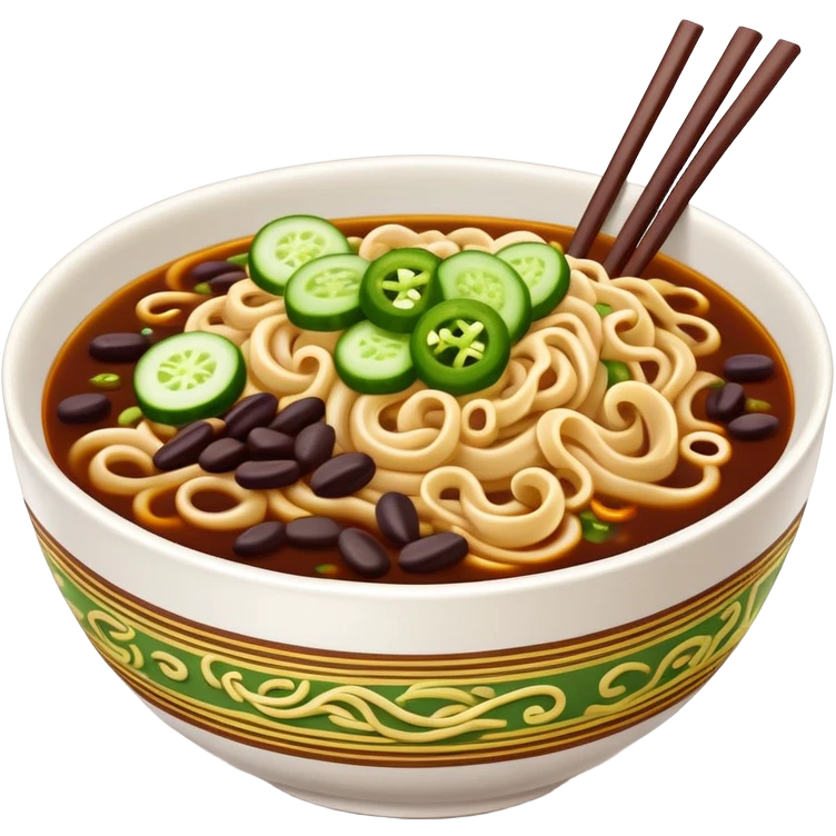 Beijing Zhajiang noodles with dark bean sauce and cucumber toppings, simplified emoji style with bold outlines and bright colors, cartoon style northern Chinese noodle dish emoji