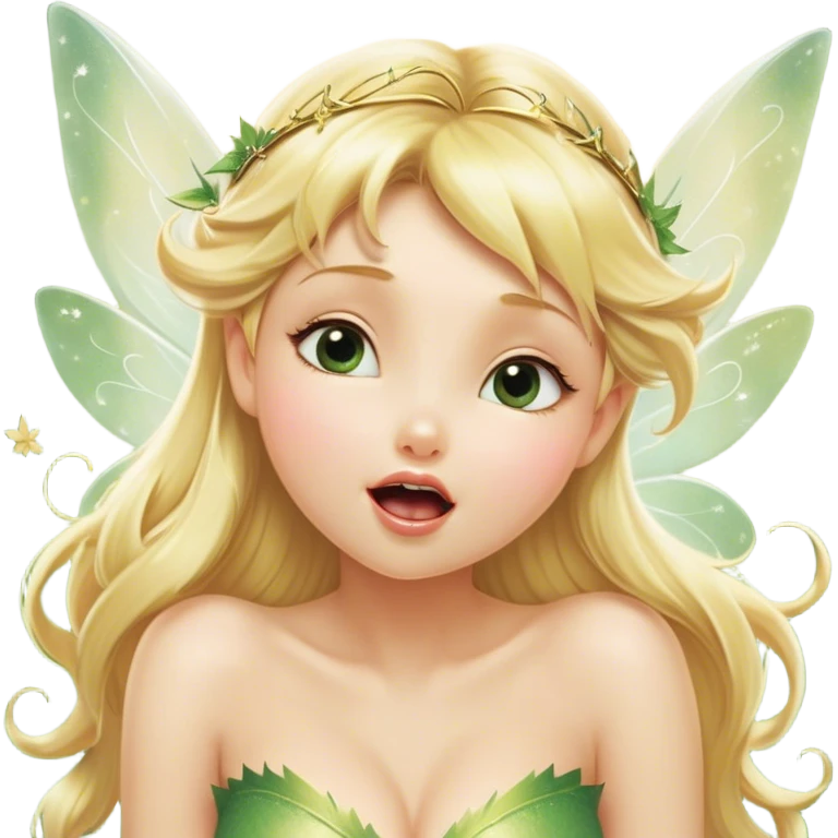 Cinematic Realistic Blonde Tinker Bell Fairy Portrait, head tilted slightly with a dramatic, wide-open yawn, revealing a tender, drowsy visage with intricately detailed golden blonde hair and softly shimmering wings gently drooping. Her sleepy, sparkling eyes exude a dreamy, ethereal charm, while the soft natural light and high shine emphasize every delicate detail—capturing the essence of an enchanting fairy drifting into a magical slumber. emoji