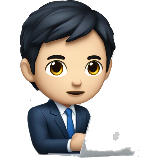 memoji of a young man with a laptop in the left front, apple-style, on the laptop there is a blue sticker with 4 letters: "WYZE". modern, dark hair, dark blue suit, laptop in hand, laptop on the table,  chinese skin, sitting on this desk. emoji