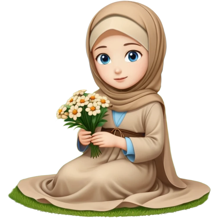 Turkish beautiful finish Konya girl blue eyes with beige flower hijab long tail dress and sits on the grass on the ground and hold beige flower on hand  emoji