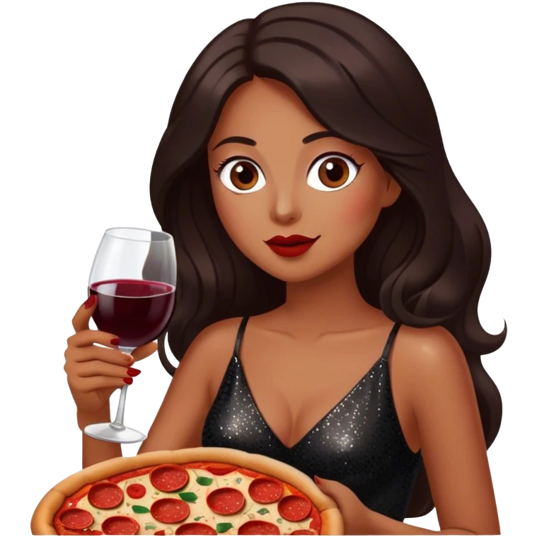 Beautiful woman in 1950’s woman fashion look, black shimmery dress, long dark brown hair, red wine, Pepperoni pizza emoji