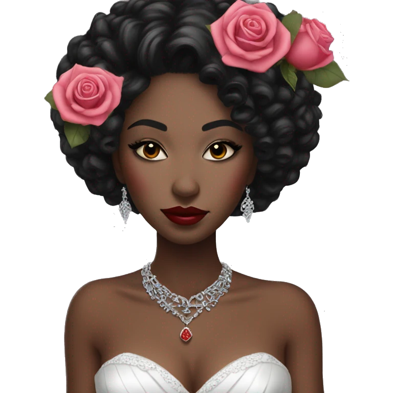 African bride. Pink makeup. Short black curly hair. Silver jewelry. Holding red roses. Eyes closed. emoji
