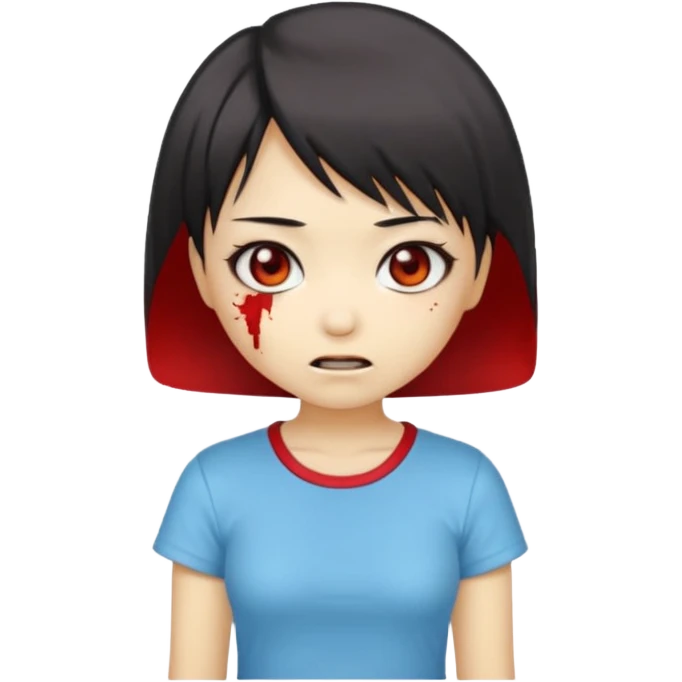 chibi Asian zombie girl emoji, Ada Wong bob haircut, light blue skin, red pupils, shy smile emoji