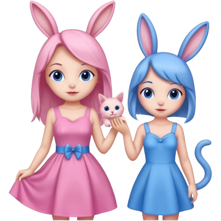 blue bunny girl and pink cat girl playing emoji