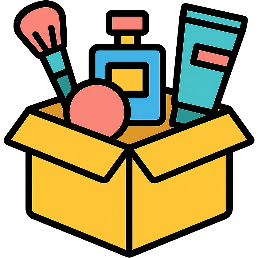 an opened box with various beauty items spilling out, including makeup, skincare, and perfume emoji