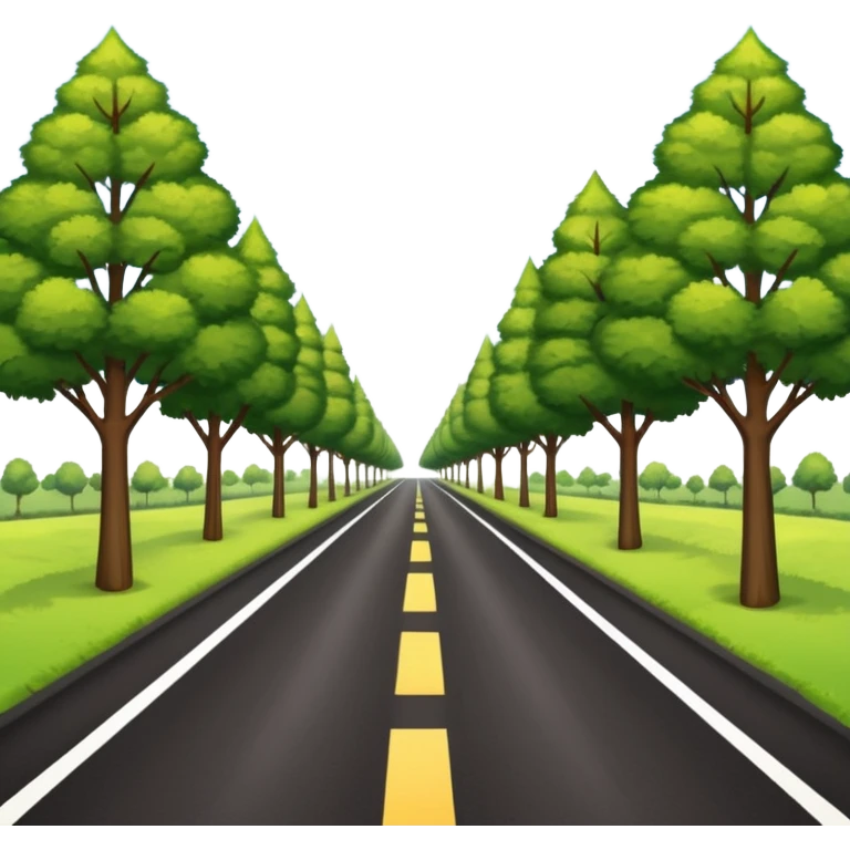 A long horizontal road (without lines) with trees and bushes on the sides and behind emoji