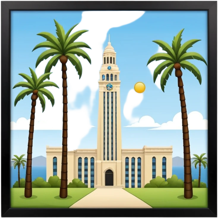 California Tower landscape in San Diego with palm trees, inspired by reference photo, simple style, apple style emoji, white background, no text emoji