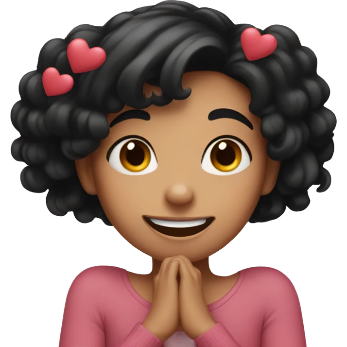 girl with black hair smiles with her hands next to her face and hearts emoji