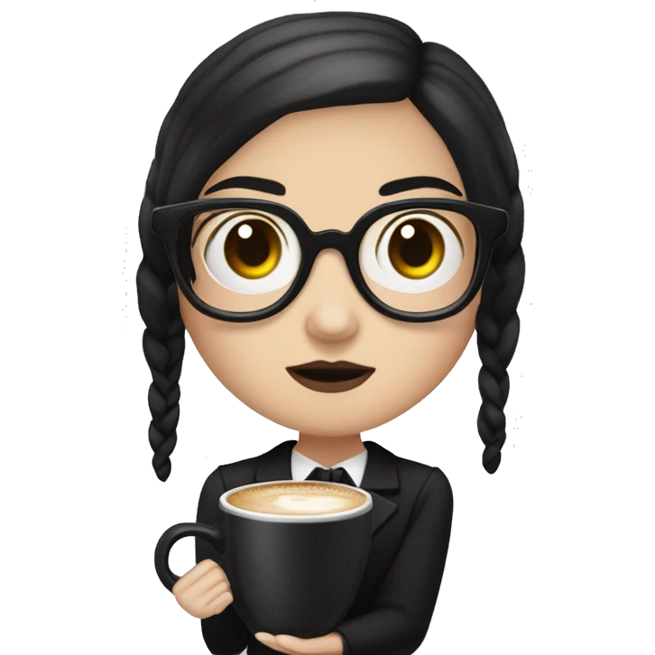 Wednesday Addams wearing square black glasses an holding a steaming coffee  mug  emoji