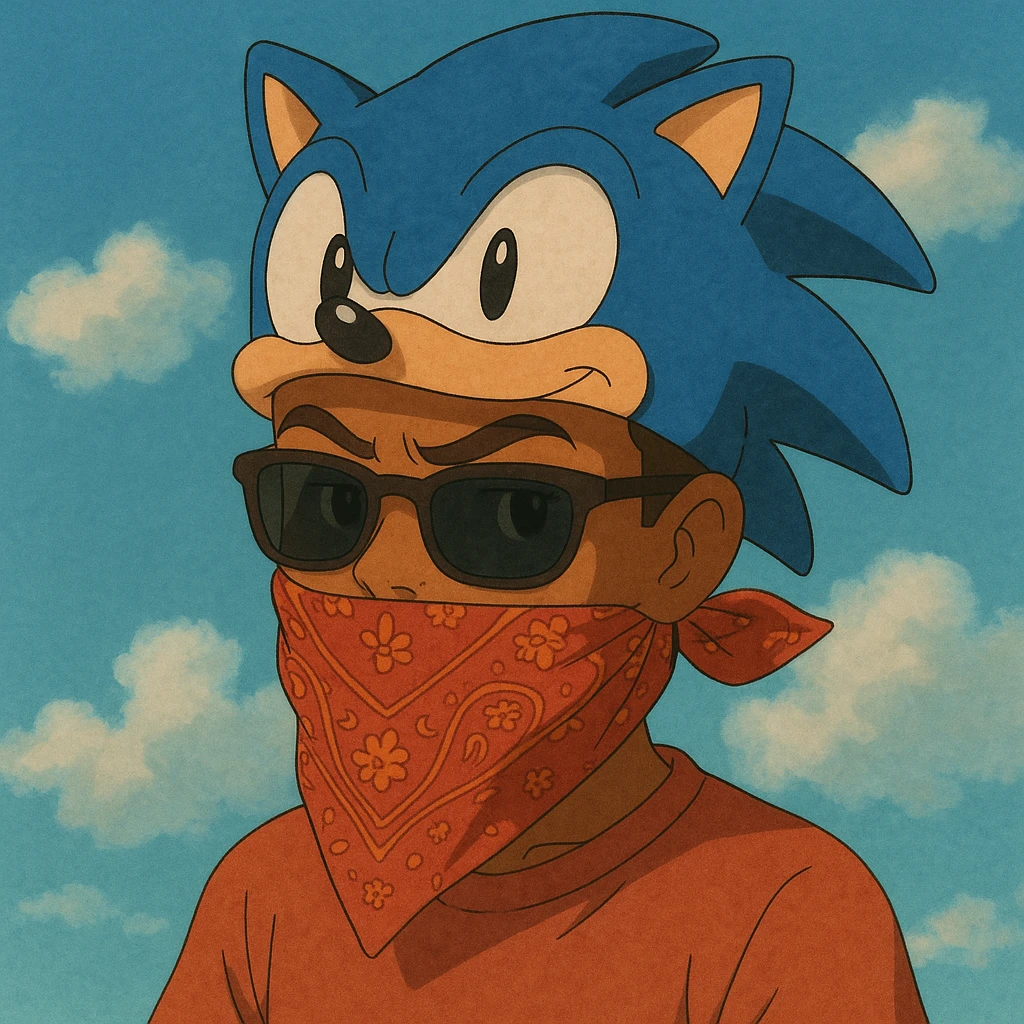 slick warm brown skinned boy with raised eyebrows, Sonic hat, sunglasses, and a bandana over his mouth, ghibli-inspired style emoji
