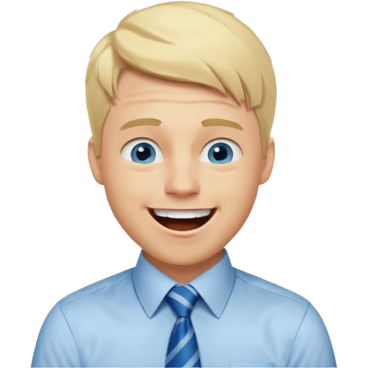 A 27 year old guy with blonde hair and blue eyes that looks masculine. make him wear a shirt with a tie. he is danish. He is laughing extremely hard. More extreme expression emoji