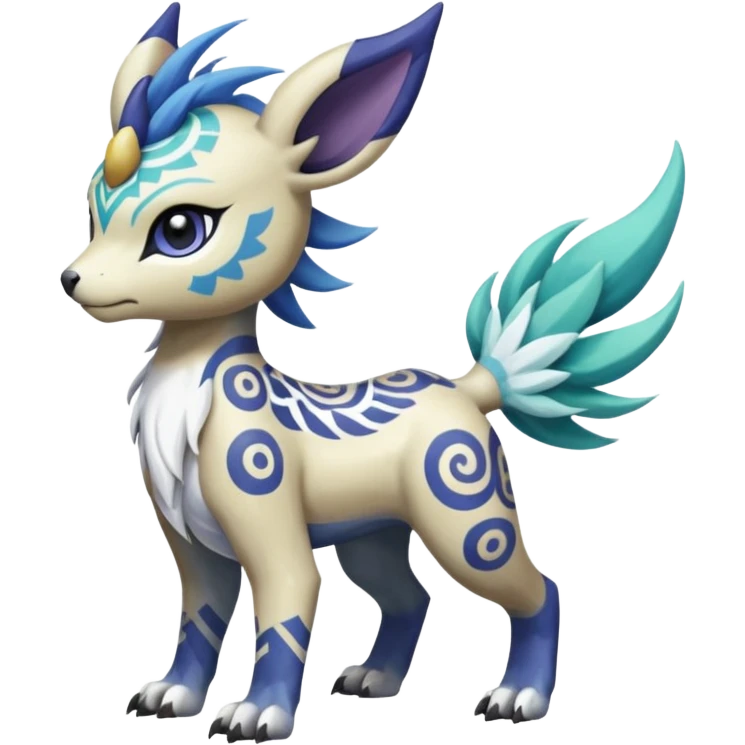 Tropical Tiny Marked Patterned Tribal Asian Painted Garurumon-Meloetta-Absol-Suicune-Cobalion-fusion-hybrid-creature (full body) emoji