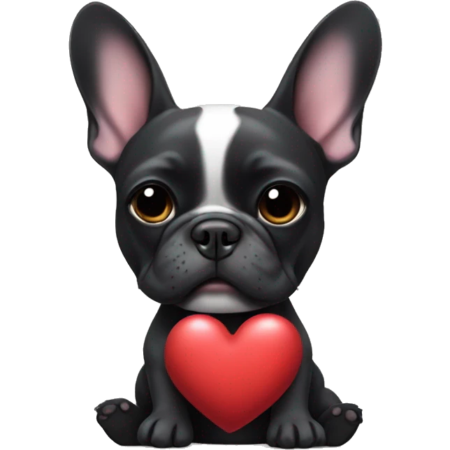 Black french bulldog with a tiny white mark on chest. Holding a heart pillow  emoji
