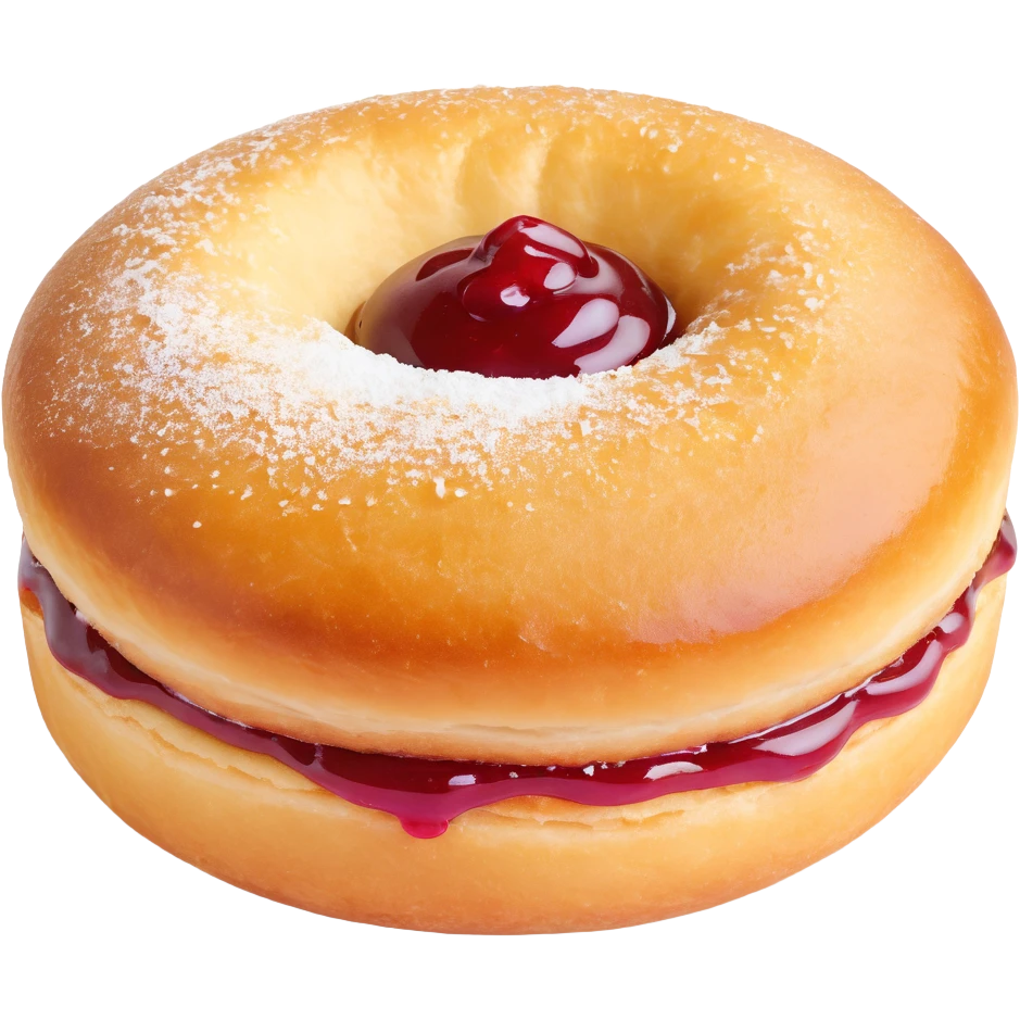 a single Berliner Krapfen pastry, round, golden-brown, no hole, heavily covered with powdered sugar, visible jam filling emoji