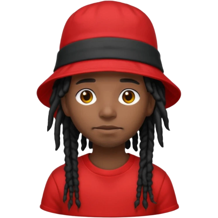 dark brown skin, black hair dreadlocks, wear red t-shirt, black bucket hat emoji
