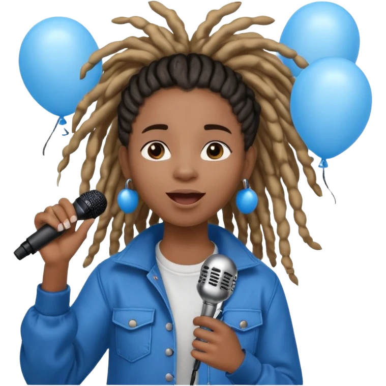 Black girl Stud with dreadlocks singing 1,2,3 release em with white and blue balloons flying overhead emoji like with mic in hand  emoji