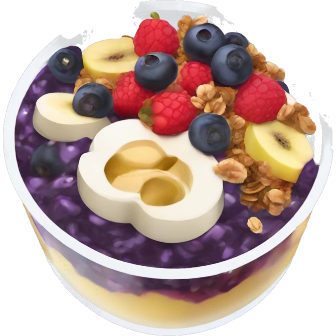 Açaí in a clear cup with layers of fruits and granola and condensed milk emoji