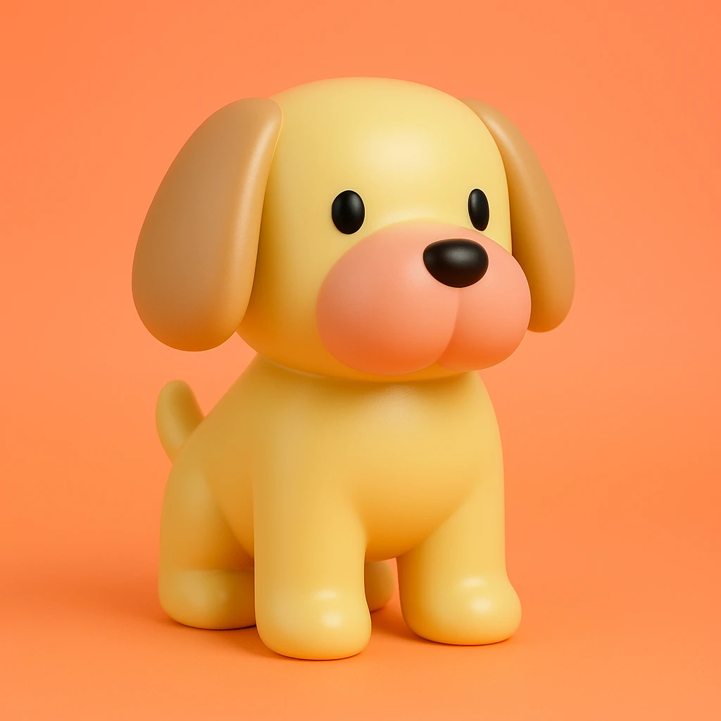               Transform {subject} into a soft vinyl figure with a smooth, glossy surface. The material should look slightly rubbery and tactile, with minimalistic curves and a matte-gloss hybrid finish. Use pastel or soft solid colors. The surface is seamless, with no visible textures or roughness. Studio lighting, vibrant background, clean, playful, designer toy aesthetic. {subject} = dog emoji