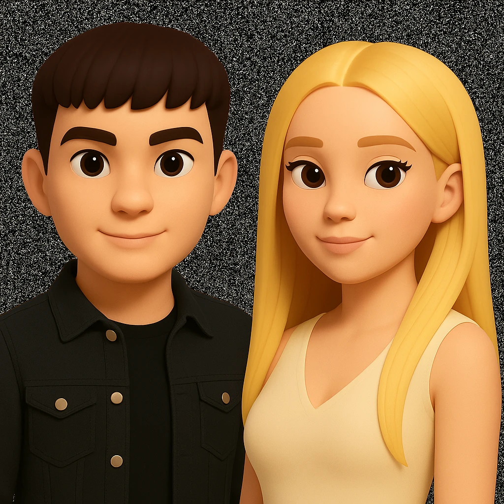 Slightly increase the volume of the upper body of the girl, separate the girl and the boy from each other, and make the skin color the same for both characters. Maintain the cartoonish 3D style in the edits. emoji