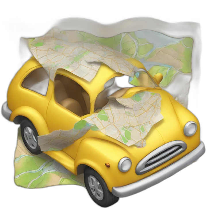 Anthropomorphic car crumpling a map emoji
