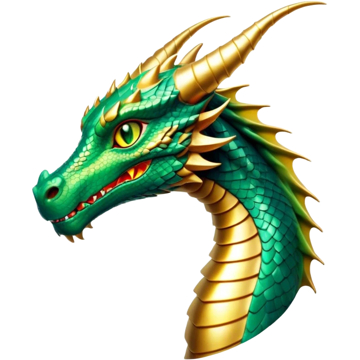 Cinematic Noble Dragon Portrait Emoji, Poised and majestic, with a sinuous, elongated build and shimmering, scale-covered skin in hues of emerald and gold, piercing, fiery eyes, Simplified yet sharp and sophisticated features, highly detailed, glowing with a mystical, radiant glow, high shine, intelligent and formidable, stylized with an air of ancient power, focused and attentive, soft glowing outline, capturing the essence of a watchful and legendary dragon that feels as though it could soar out of the screen with effortless authority! emoji