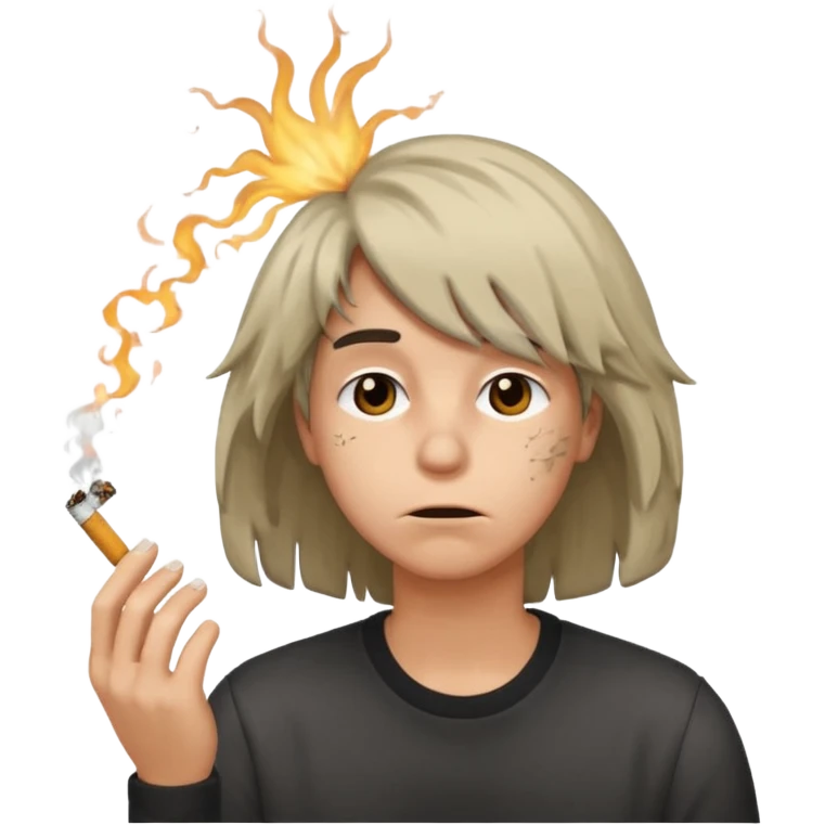 stressed emoji looking down shaking head wearing a disheveled wig with a cigarette in hand emoji