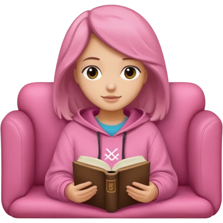 Una chica linda de cabello oscuro con ondas hasta los hombros de piel blanca con una sudadera rosa en un sofá cómodo y hermoso leyendo la biblia emoji