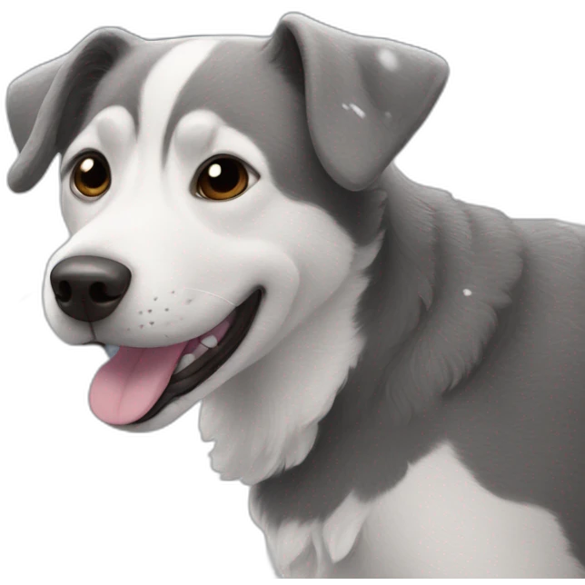 dog without breed, gray, on the background of snow, smiling emoji