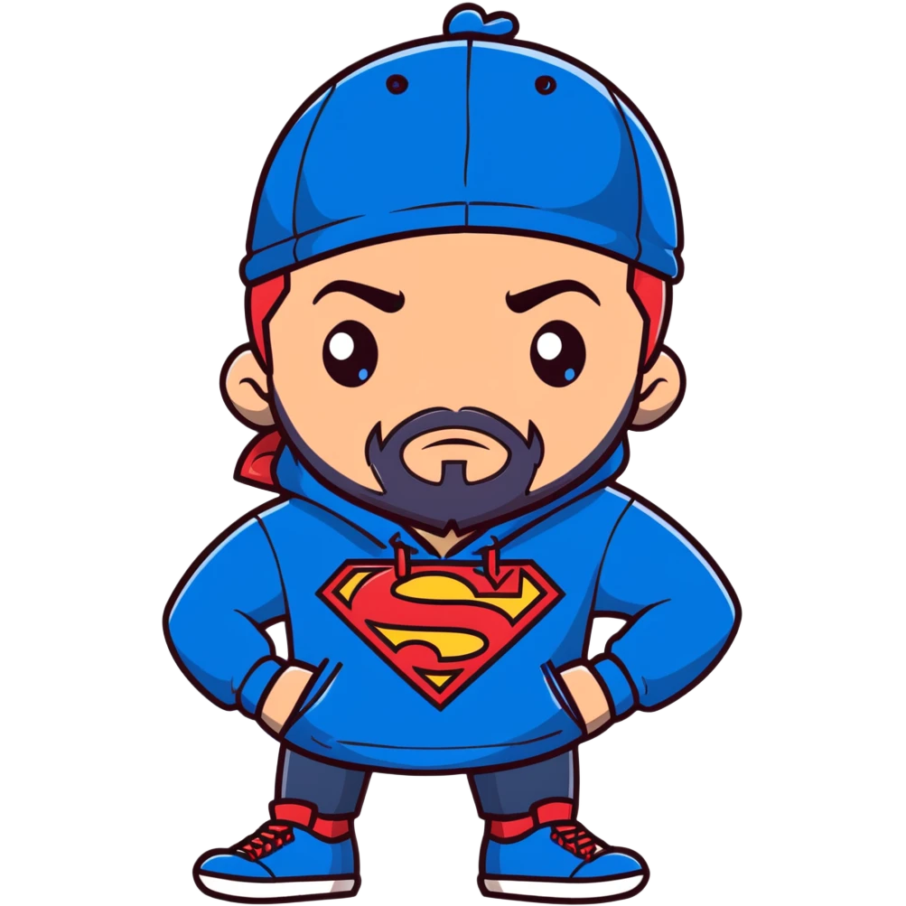 Full body Adult male with blue eyes and redish messy hair and trimmed facial hair wearing a blue superman hoodie and a black backwards baseball hat emoji