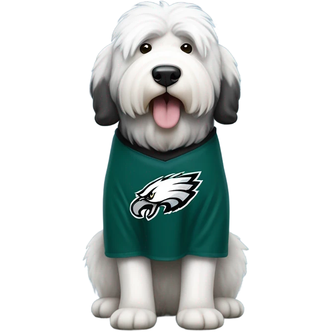 Old English Sheepdog full height wearing a Philadelphia Eagles shirt emoji