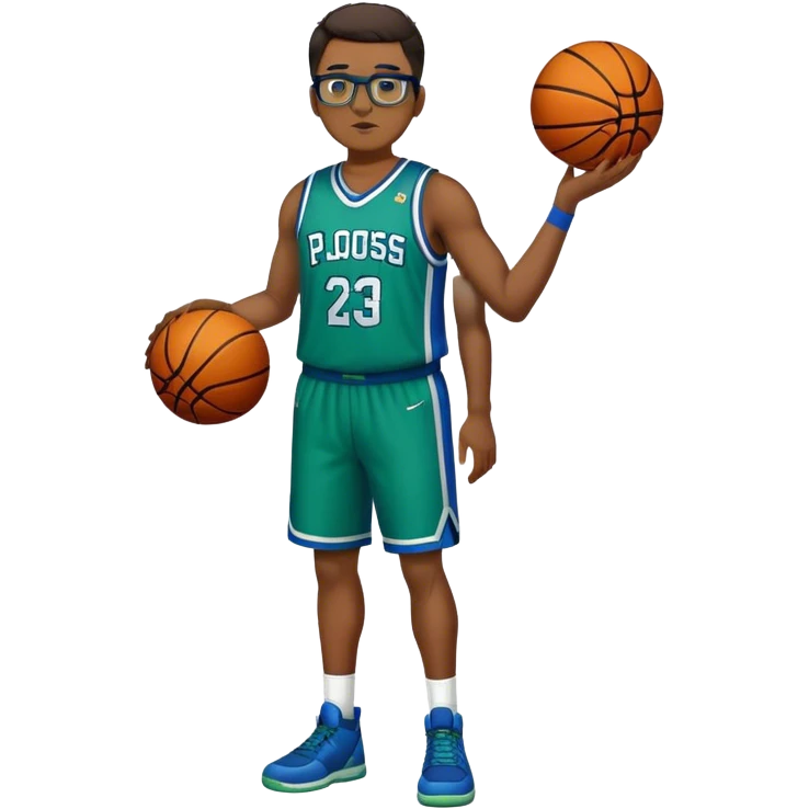 Full Body tall plus size white male with dark short hair basketball player wearing glasses wearing blue green uniform emoji
